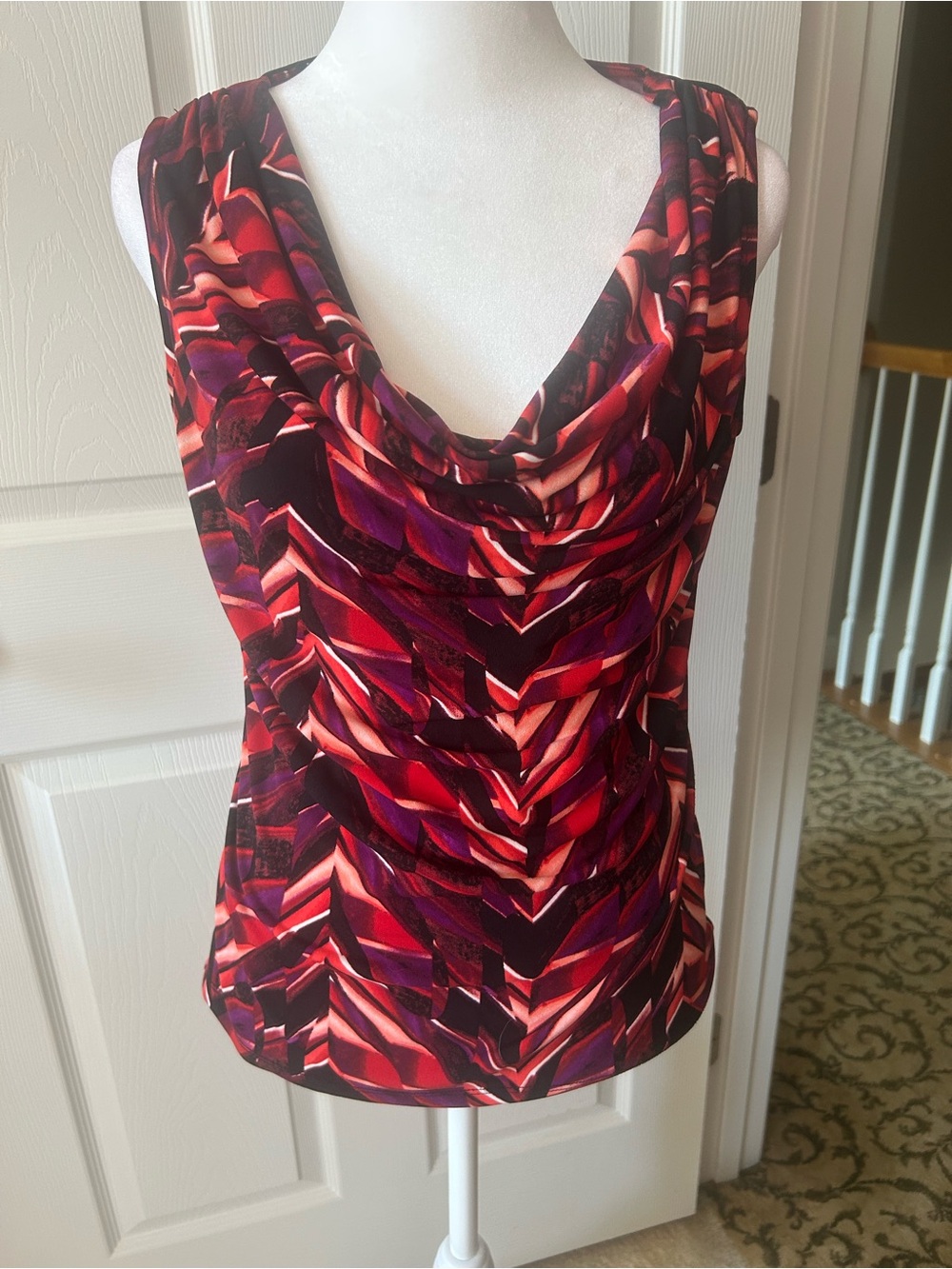 Calvin Klein Red, Coral and Purple Cowl Neck Sleeveless Top